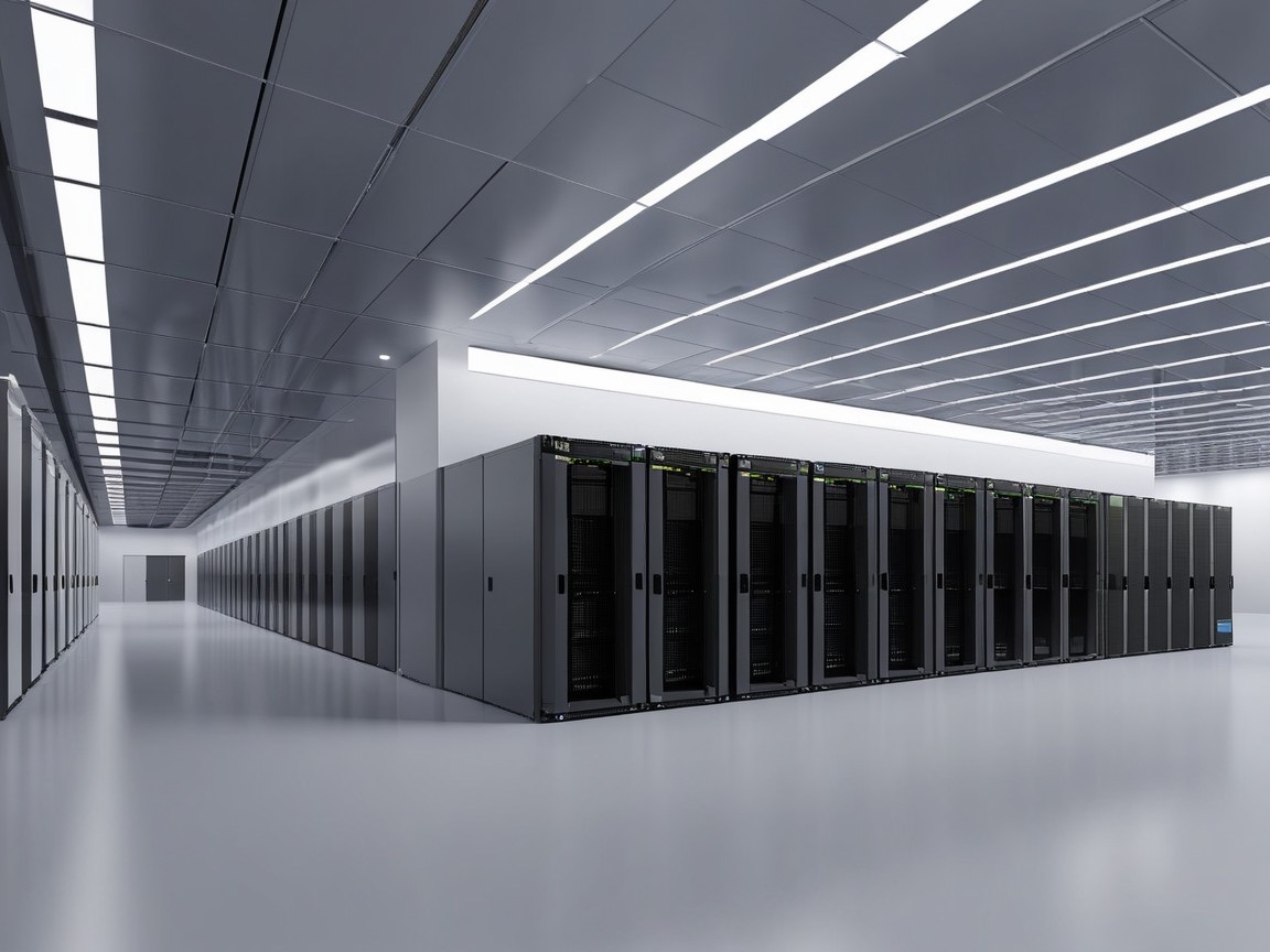 A long, brightly lit data hall with two facing rows of black server cabinets running away down a polished grey floor, under a ceiling of continuous linear light fittings