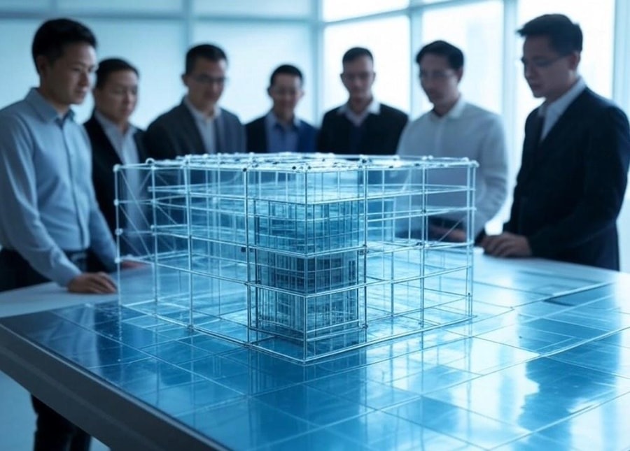 A group of engineers standing around a table, studying a transparent wireframe model of a multi-storey structural frame