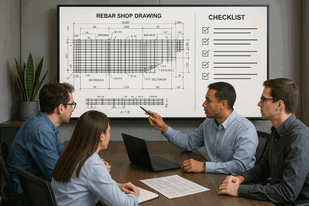 Four people around a meeting table reviewing a rebar shop drawing on a wall screen, a checklist of ticked items displayed alongside it
