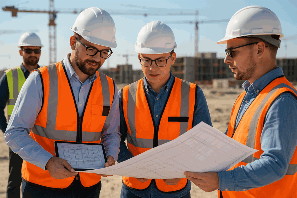 Three engineers in hi-vis and hard hats on a construction site, comparing a paper drawing held open between them against a plan shown on a tablet