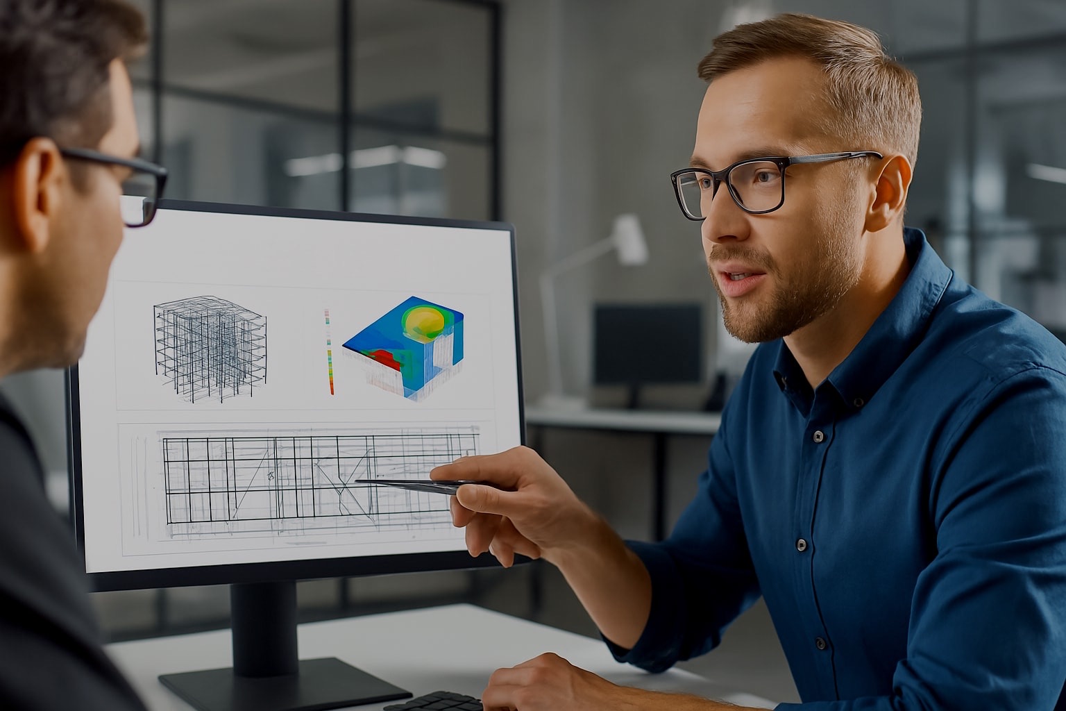 Two engineers at a monitor showing a three-dimensional frame model beside a colour-mapped stress plot and a framing elevation
