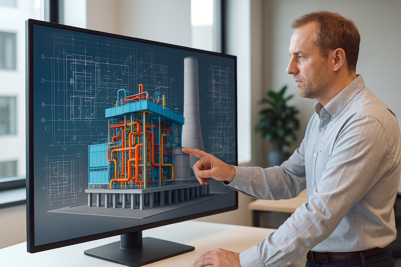 An engineer standing at a large monitor and pointing into a 3D plant model, orange pipework threading through blue equipment decks beside a grey stack, faint background drawings behind it