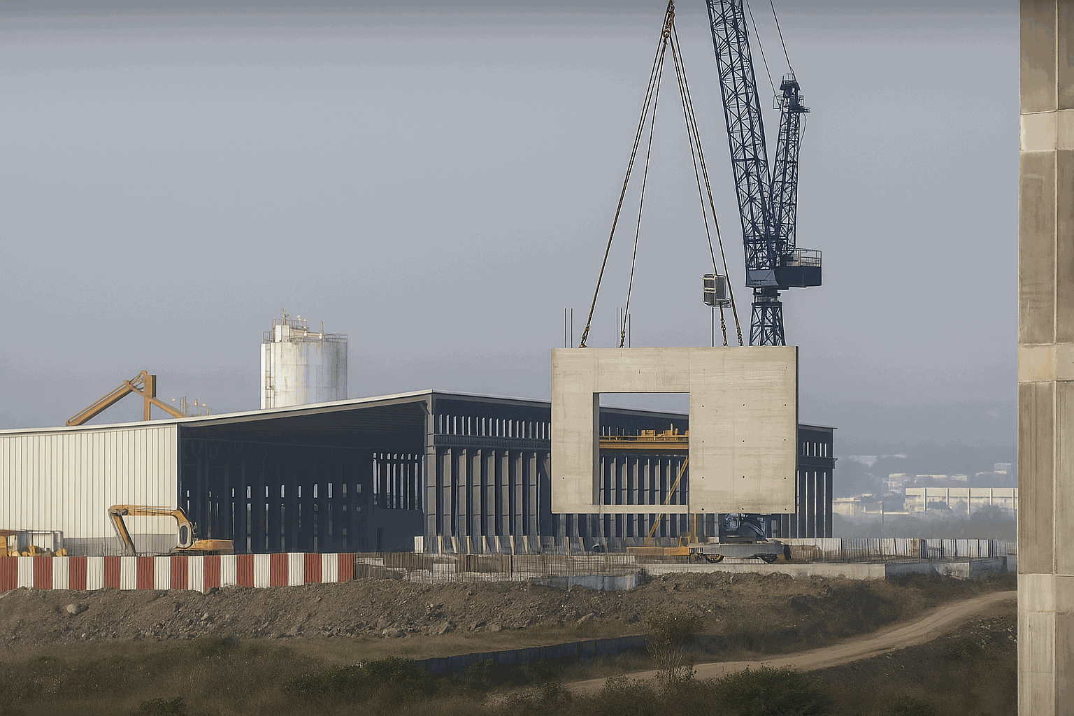 A tall precast concrete wall panel with a large rectangular opening cast into it, suspended on slings from a tower crane above the steel frame of a part-built industrial shed