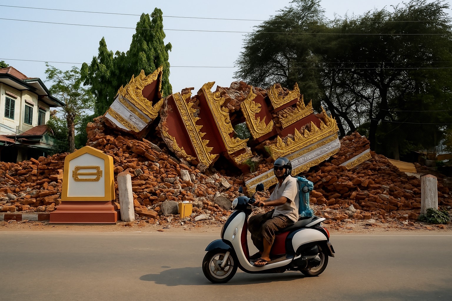 An ornate gilded temple gateway collapsed into a heap of brick rubble beside a road, a man riding past on a scooter