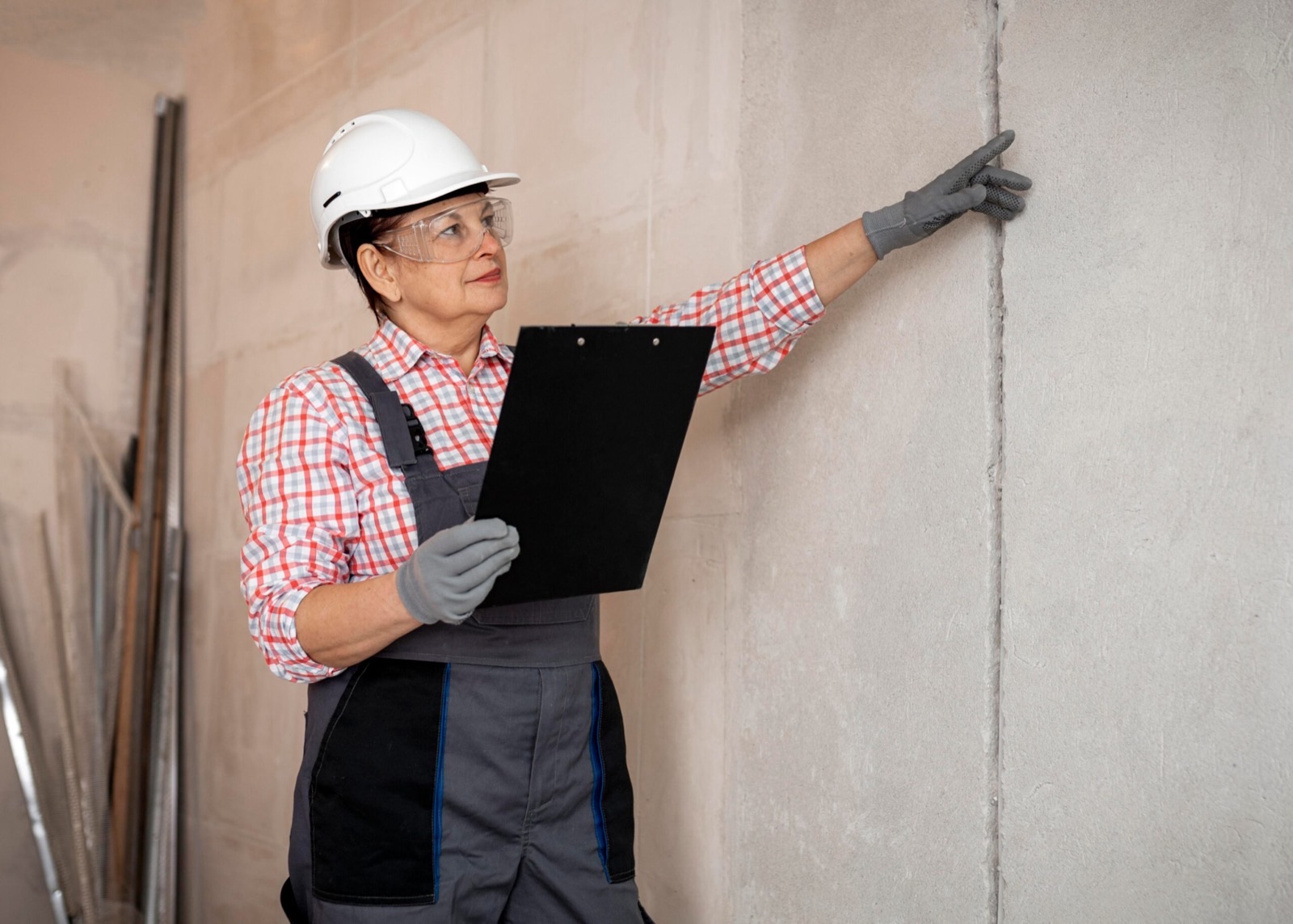 A site engineer in a white hard hat and safety glasses, clipboard under one arm, reaching up to trace a hairline vertical crack running the full height of a bare concrete wall
