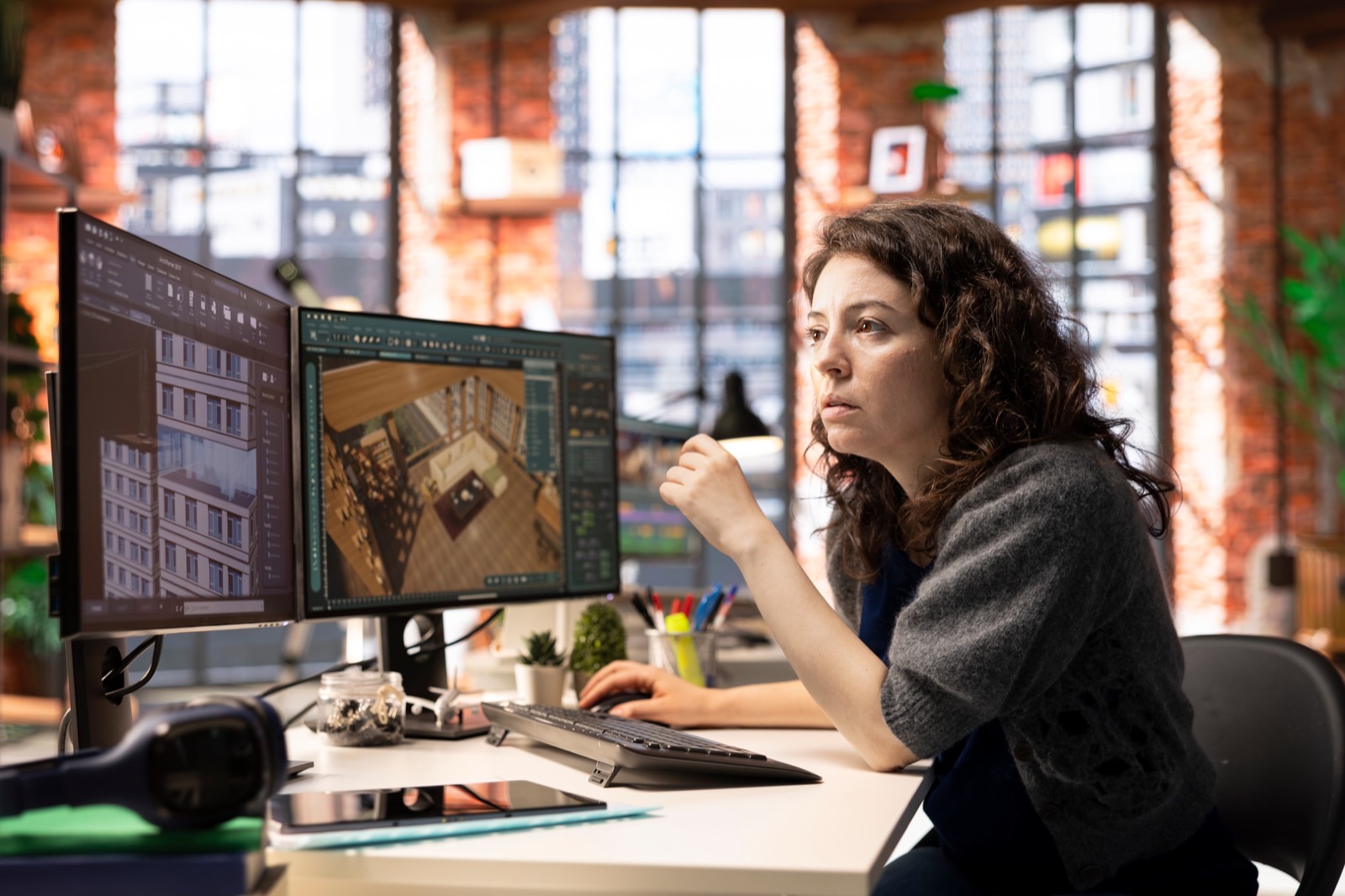An engineer at a twin-monitor workstation with a building model open on one screen and a rendered interior view on the other